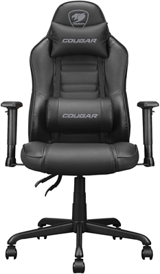 cougar-fusion-s-black-front-view Cougar Fusión S Black - Silla Gaming, Base de Acero, Altura Ajustable, Soporte Lumbar, Soporte para Cuello, Apoyabrazos 2D
